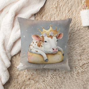 Royal Cow Dreaming on Cheese Throne                Throw Pillow