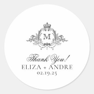 Royal Crest Elegant Wreath Monogram Thank You Classic Round Sticker