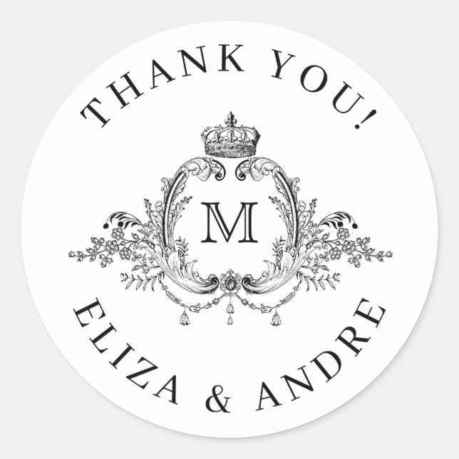 Royal Crest Elegant Wreath Monogram Wedding  Classic Round Sticker (Front)