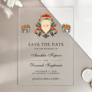 Royal Crest Elephant Indian Wedding Save the Date Acrylic Invitations