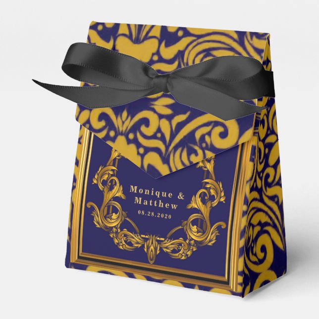 Royal Crown Blue and Gold Flourishes Wedding Favor Box (Front Side)