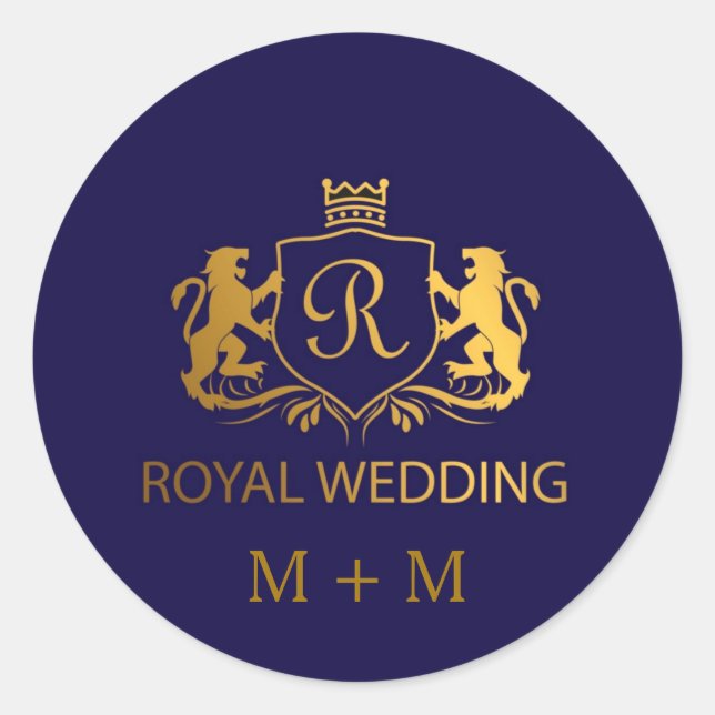 Royal Crown Blue and Gold Lions Wedding Custom Classic Round Sticker (Front)