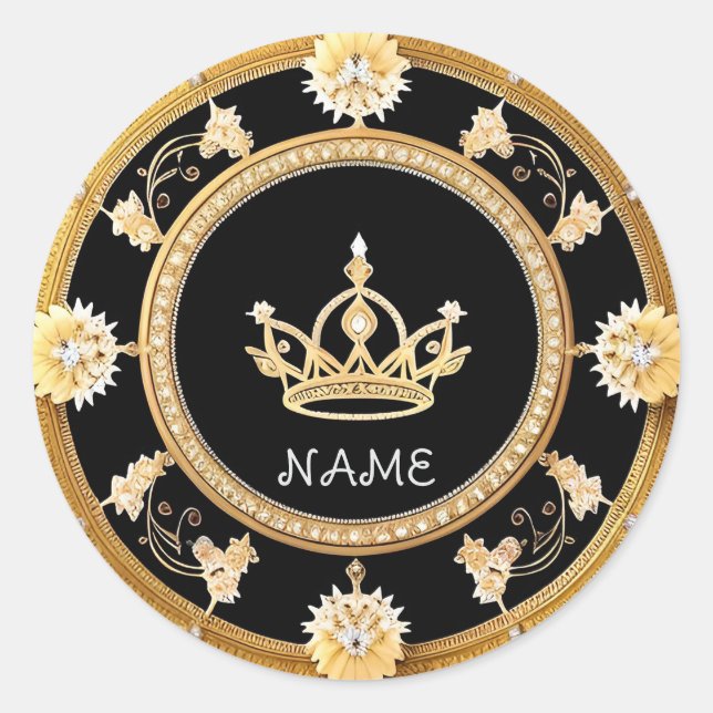 👑 Royal Crown Custom Name 👑 Classic Round Sticker (Front)
