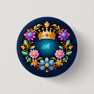 Royal Crown Floral Frame 1 Inch Round Button