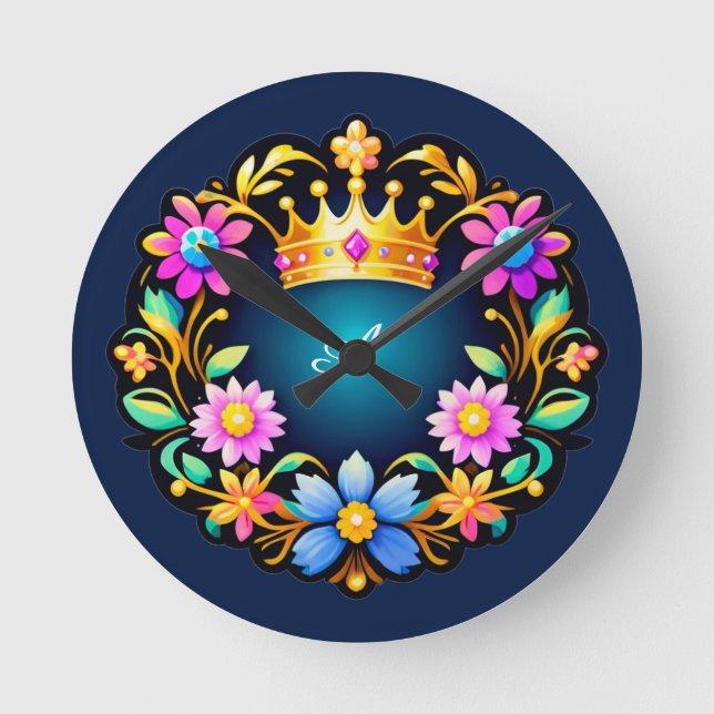 Royal Crown Floral Frame Round Clock (Front)
