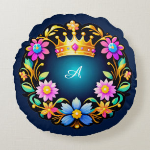 Royal Crown Floral Frame Round Pillow