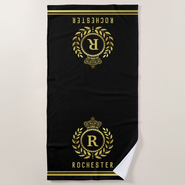 Royal Crown Laurel Wreath Black Gold Monogrammed Beach Towel (Front)