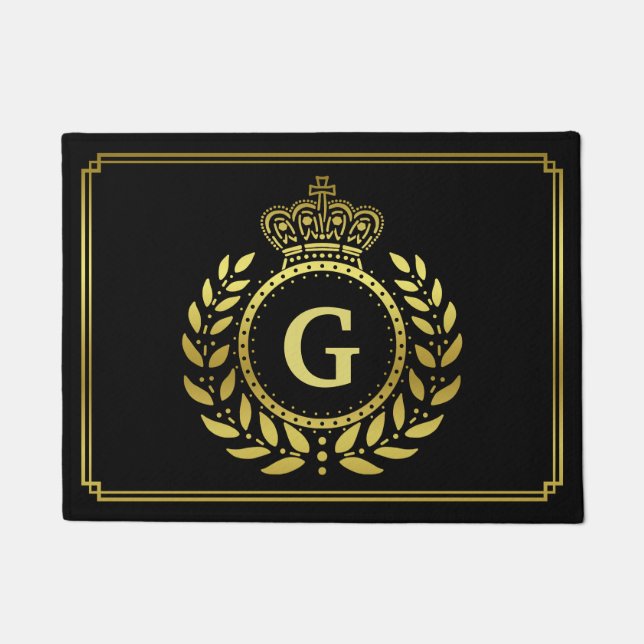 Royal Crown Laurel Wreath Black Gold Monogrammed Doormat (Front)
