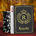 Royal Crown Laurel Wreath Black Gold Monogrammed Playing Cards<br><div class="desc">Designed in black and faux gold,  this royalty-inspired design includes a geometric frame in classy Art Deco style with an elegant laurel wreath and crown motif. Your personalized monogram letter fills the centre.</div>