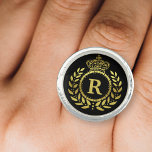 Royal Crown Laurel Wreath Black Gold Monogrammed Ring<br><div class="desc">Designed in black and faux gold,  this royalty-inspired design includes an elegant laurel wreath and crown motif in Art Deco style. Your personalized monogram letter fills the centre. Use the easy template to add your text.</div>