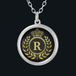 Royal Crown Laurel Wreath Black Gold Monogrammed Silver Plated Necklace<br><div class="desc">Designed in black and faux gold,  this royalty-inspired design includes an elegant laurel wreath and crown motif in Art Deco style. Your personalized monogram letter fills the centre. Use the easy template to add your text.</div>