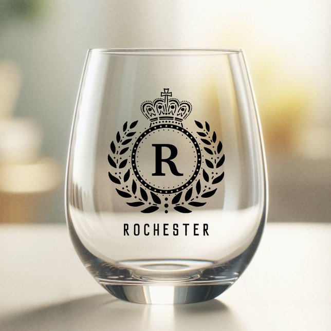 Royal Crown Laurel Wreath Black Monogrammed Name Stemless Wine Glass (Creator Uploaded)
