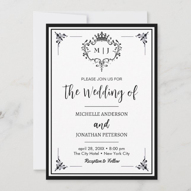 Royal Crown Laurel Wreath Monogram Photo Wedding Save The Date (Front)