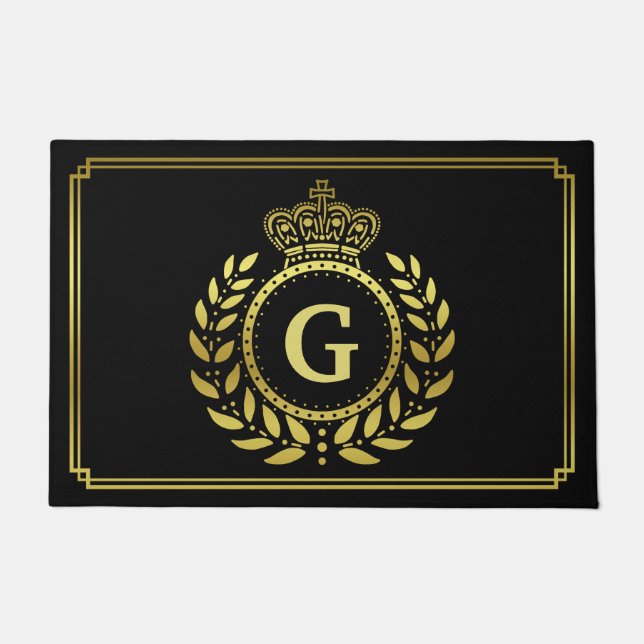 Royal Crown Laurel Wreath Monogrammed Black Gold Doormat (Front)