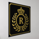 Royal Crown Laurel Wreath Monogrammed Black Gold Foil Prints<br><div class="desc">This royalty-inspired foil print design includes a geometric frame in classy Art Deco style with an elegant laurel wreath and crown motif. Your personalized monogram letter fills the centre. Use the easy template to add your text. The background is black, and the rest of the design is printed in real...</div>