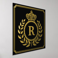 Royal Crown Laurel Wreath Monogrammed Black Gold
