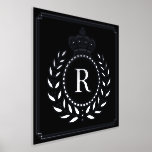 Royal Crown Laurel Wreath Monogrammed Black Silver Foil Prints<br><div class="desc">This royalty-inspired foil print design includes a geometric frame in classy Art Deco style with an elegant laurel wreath and crown motif. Your personalized monogram letter fills the centre. Use the easy template to add your text. The background is black, and the rest of the design is printed in real...</div>