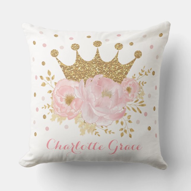 Royal Crown Princess Blush Pink Floral Baby Girl Throw Pillow (Front)