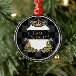Royal Crown Shield Black Gray Checkered Luxe Metal Ornament