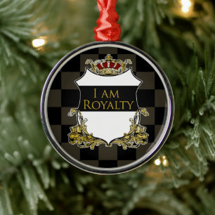 Royal Crown Shield Dark Khaki Black Checkered Metal Ornament