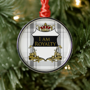 Royal Crown Shield White Gray Plaid Luxury Metal Ornament