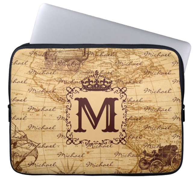 Royal Crown Vintage Name Pattern Beige Laptop Sleeve (Front)