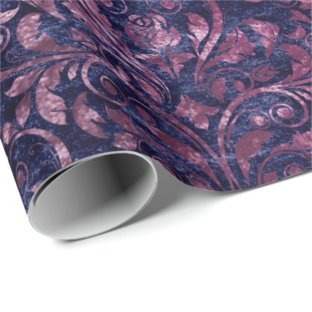 Royal Damask Crushed Velvet Blue Navy Pink Plum Wrapping Paper (Roll Corner)