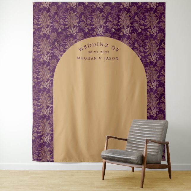 Royal Damask Gold Purple Wedding Backdrop Tapestry (In Situ)