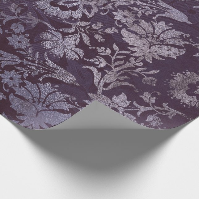 Royal Damask Grunge Purple Plum Floral Grey Blue Wrapping Paper (Corner)