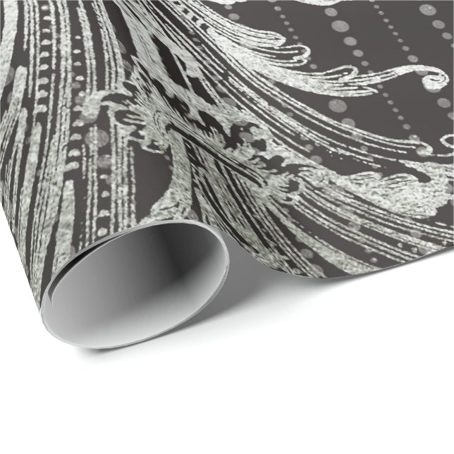 Royal Damask Metal Floral Drops Black Silver Grey Wrapping Paper (Roll Corner)