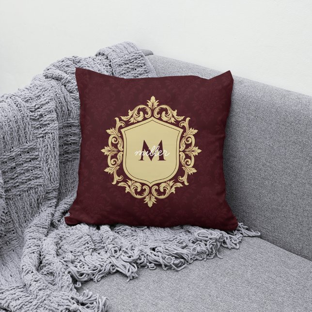 Royal Damask Ornate Crest Monogrammed Family Name Throw Pillow (Creator Uploaded)