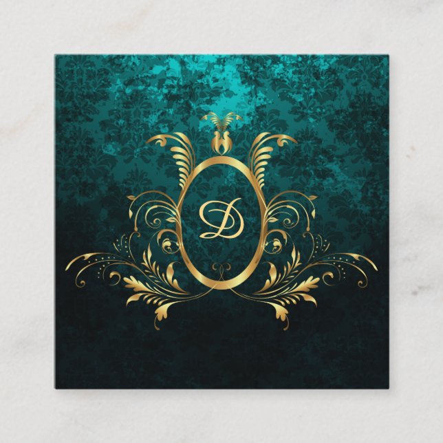Royal Damask Personalized Turquoise Square Business Card (Front)