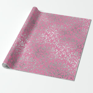 Royal Damask Pink Silver Floral Shiny Vip Wrapping Paper