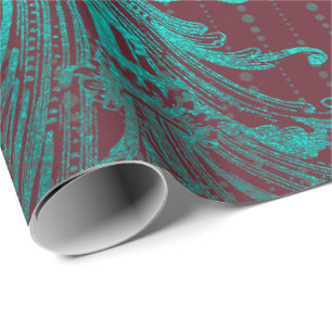 Royal Damask Turquoise Blue Floral Drops Burgundy Wrapping Paper