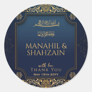 Royal dark Blue Gold Floral Muslim Wedding Favour Classic Round Sticker
