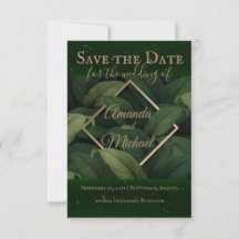 Royal Dark Green Leaves Gold Frame Wedding