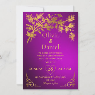 Royal Dark Purple & Gold Floral Wedding Invitation