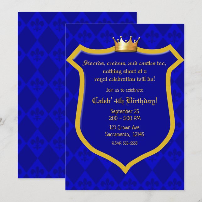 Royal Electric Blue Gold Shield Crown Prince Party Invitation (Front/Back)
