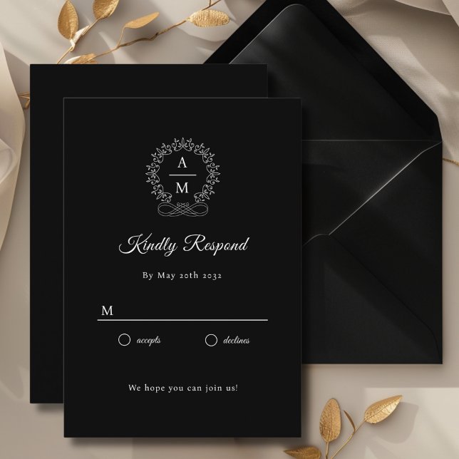 Royal, Elegant, Wedding RSVP Enclosure Card (Monogram, Royal, Elegant, Black, Wedding RSVP Cards with scripted font. Personalized in minutes.)