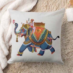 Royal Elephant's Journey: Indian Folkloric Design Throw Pillow