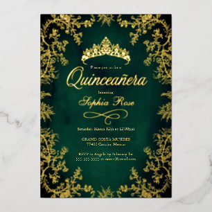Royal Emerald Gold Crown Floral Quinceanera