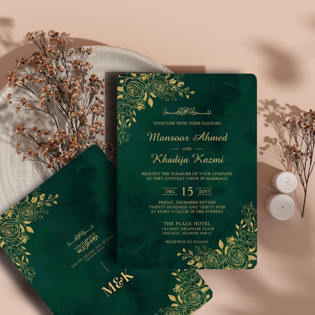  Royal Emerald Green Gold Floral Islamic Wedding Invitation (Creator Uploaded)