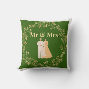 Royal Emerald Green Gold Floral Mr and Mrs Throw Pillow