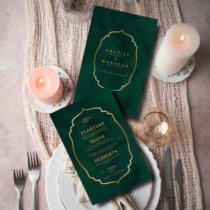 Royal Emerald Green Gold Frame Wedding Menu Card