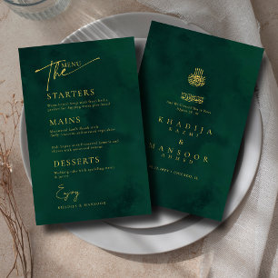 Royal Emerald Green Gold Islamic Wedding Menu Card