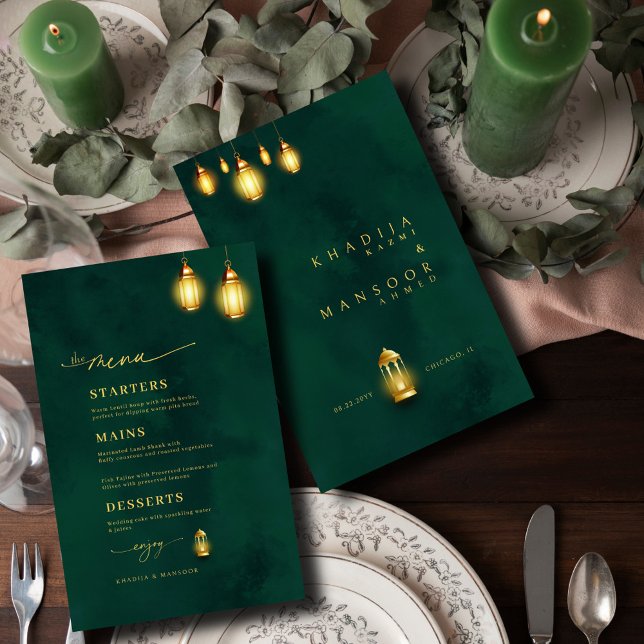 Royal Emerald Green Golden Lights Menu Mariage (Créateur téléchargé)