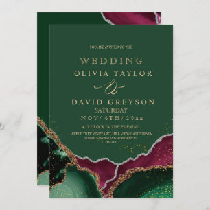 Royal Emerald Green Pink Agate Wedding Invitation