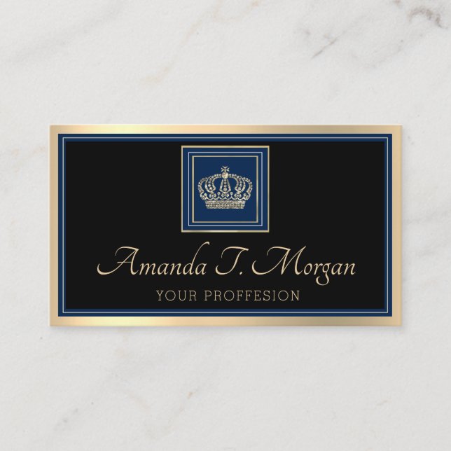 Royal Event Wedding Golden Crown Frame Black Navy Business Card (Front)
