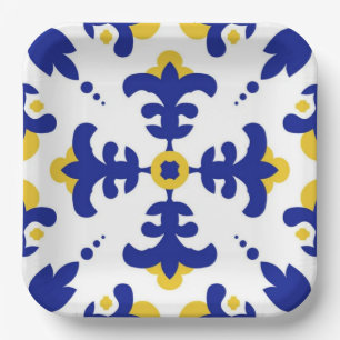Royal Fleur Bold Blue and Gold Botanical  Paper Plate