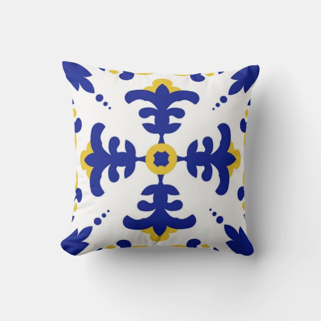 Royal Fleur Bold Blue and Gold Botanical  Throw Pillow (Front)
